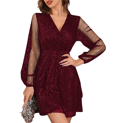 Sexy V-Neck Lace Slim Ruffles Dress