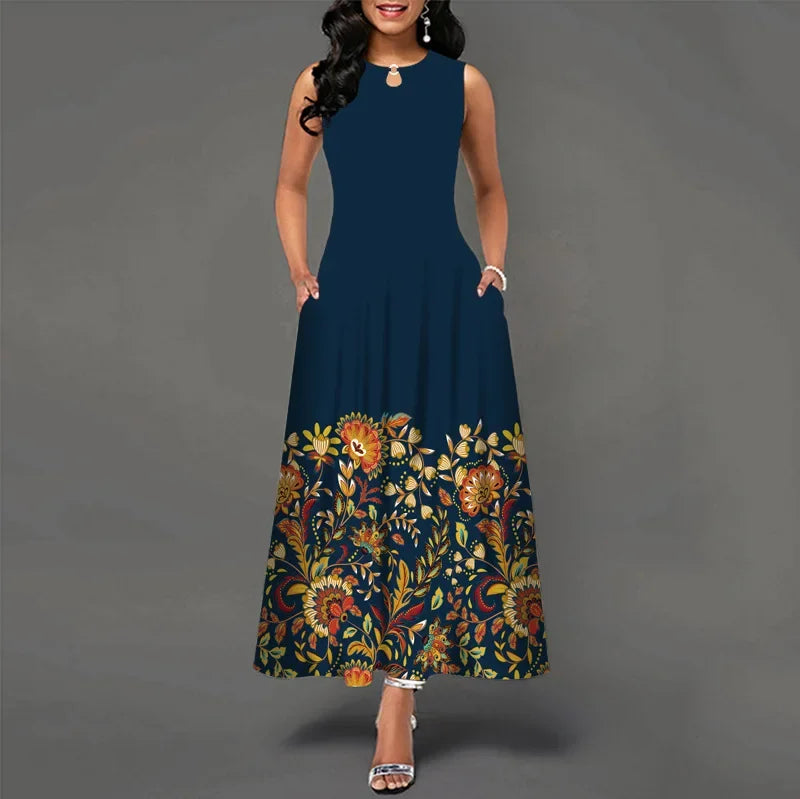 Flower Print New Casual Sleeveless Long Dress