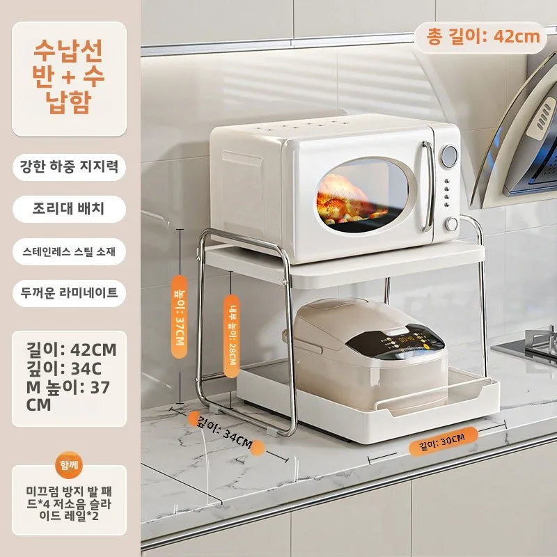 Stainless Steel Pull out Kitchen Countertop Storage Rack Multi Functional Microwave Oven Rice Cooker Oven Organizer Shelf