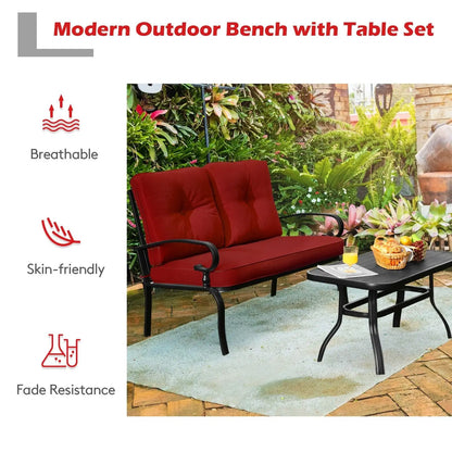 GOFLAME 2PCS Outdoor Conversation Set Patio Loveseat Bench &Coffee Table Soft Cushion