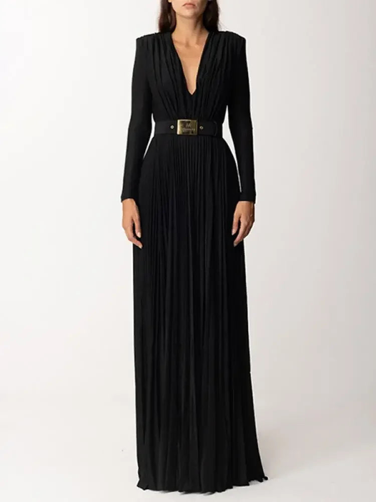 Tinaa Women Evening Dresses Belted Pleated Solid Color Split-side Long Sleeves Wrap V-neck Maxi Dresses for Ladies Party Dress