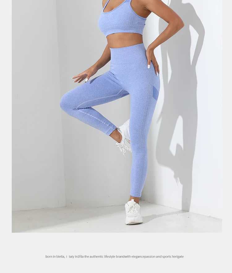 Yoga Basic 2pcs Seamless High Stretch Yoga Set Tracksuit Gym Set Crisscross Back Cami Hip-hugging Tummy Control Leggings