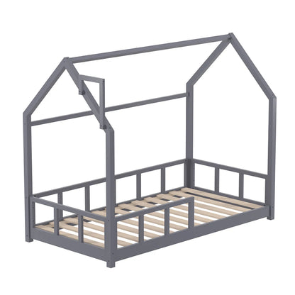 Wooden House Bed Frame with Fence Roof, White&Grey