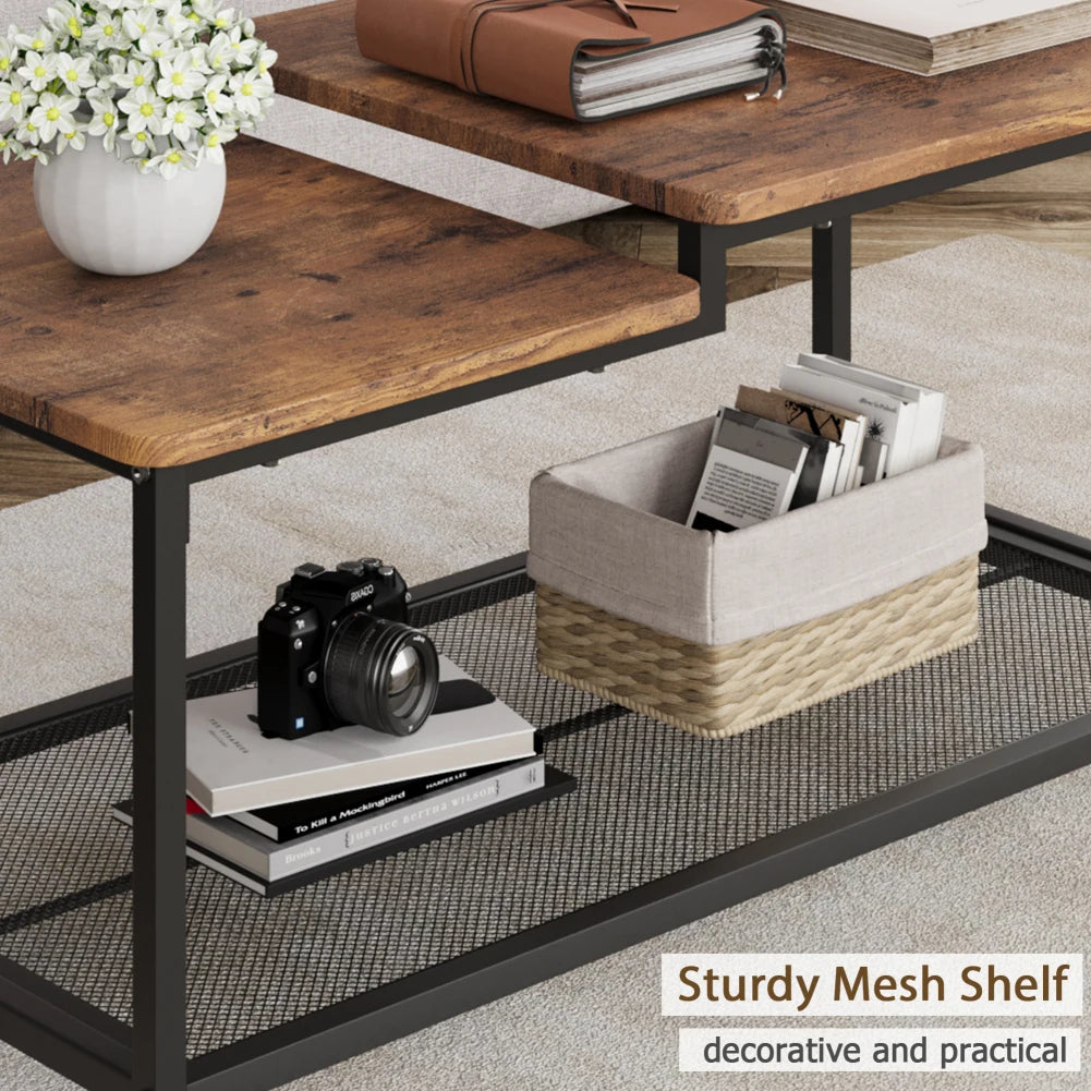 2-Tier Rustic Coffee Table Center Table with Mesh Shelf Rectangle Storage Cocktail Table Metal Frame for Living Room