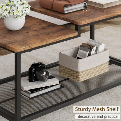 2-Tier Rustic Coffee Table Center Table with Mesh Shelf Rectangle Storage Cocktail Table Metal Frame for Living Room