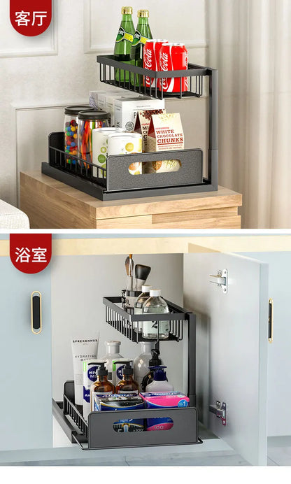Under Sink 2 Tier Sliding Cabinet Basket Organizer Drawer Pull Out Cabinet Multi-Purpose Sink Organizer for Bathroom Kitchen