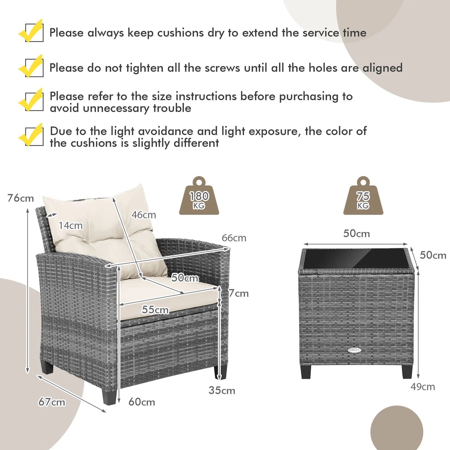GOFLAME 3 Piece Patio Rattan Sofa Set Outdoor Wicker Conversation Set-White