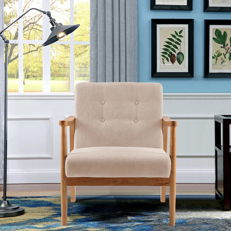 Accent Linen Fabric Buttoned Armchair Wooden Frame