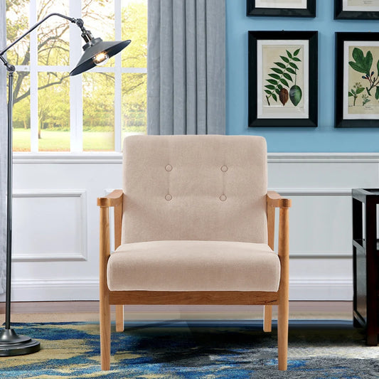 Accent Linen Fabric Buttoned Armchair Wooden Frame