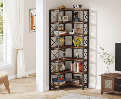 7-Shelf Corner Bookshelf,Large Modern Corner Bookcase, 7-Tier Tall Corner Shelf Storage Display Rack with Metal Frame