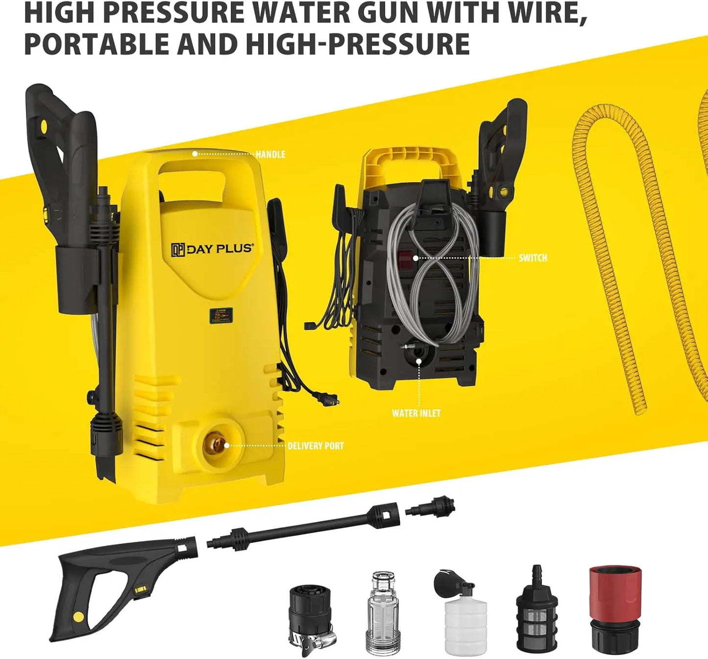 Home and Garden High Pressure Washer 55 Bar Portable Electric Jet Washer for Patio Car Driveway Garden, 3-IN-1 Power Jet Nozzle