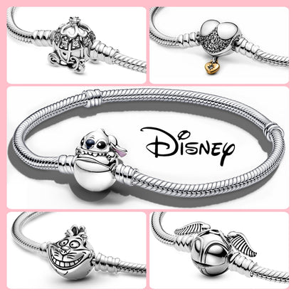 Disney 925 Sterling Silver Bracelet Moments Sparkling Mickey Mouse Heart Clasp Snake Chain Bracelet for Women DIY Charms Beads