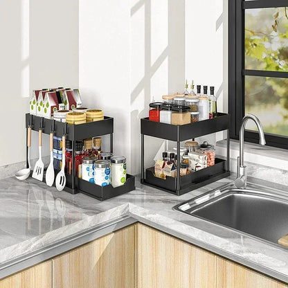 Under Sink Organizer Sliding Cabinet Drawers Storage Kitchen 2 Tiers Racks Multi-Purpose Pull Out Cabinet Storage Shelf Holders