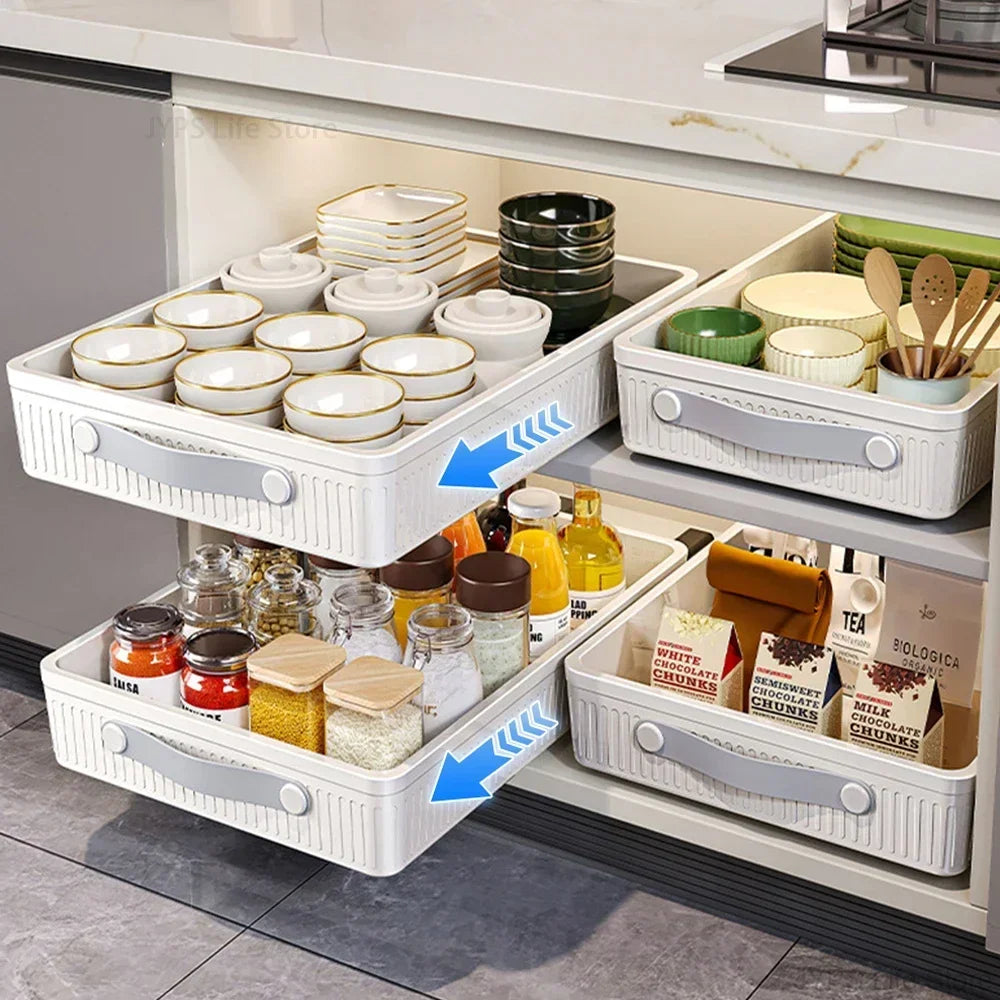 Kitchen Storage Rack with Slide Rails Pull Out Cabinet Organizer Drawer Storage Tray Spice Jars Storage Rack Kitchen