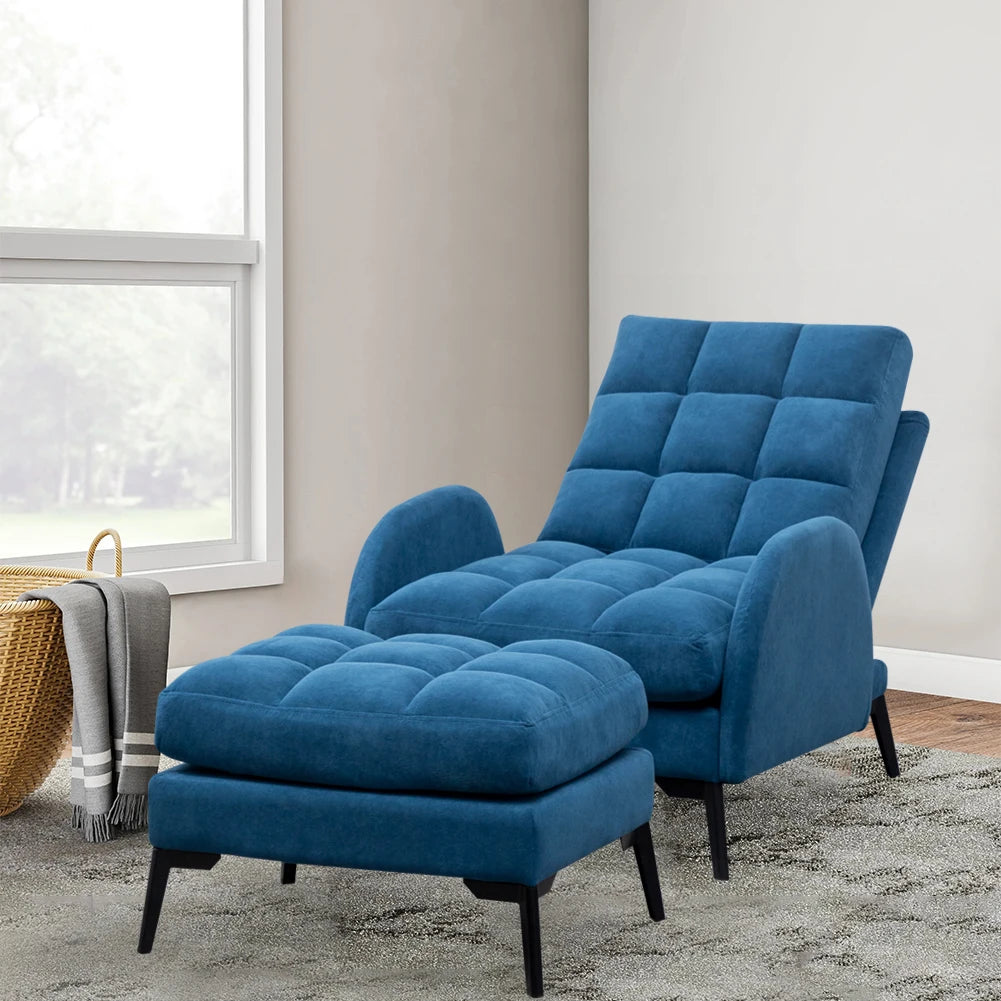 Blue Frosted Velvet Recliner Armchair with Thickened Footstool Living Room Furniture Lounge Chair Sofa
