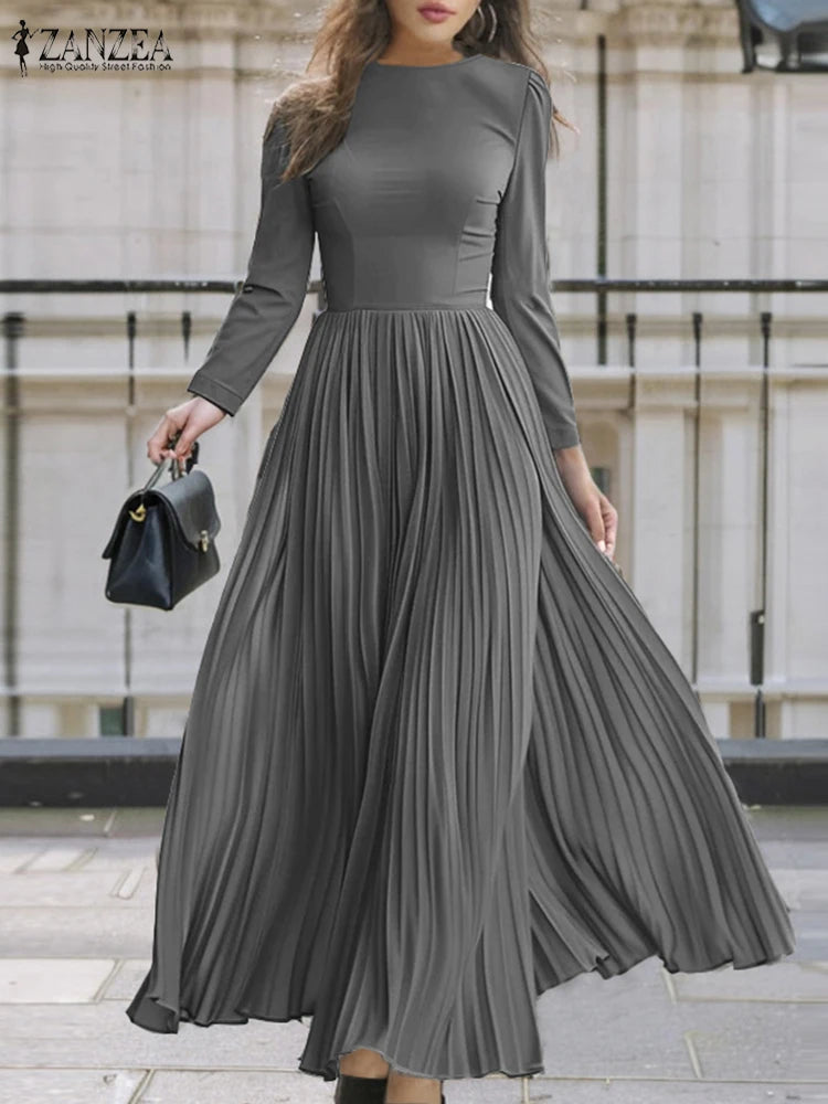 Autumn Pleated Sundress ZANZEA Spring Patchwork Maxi Dresses Women Long Sleeve Party Work Dress Fashion Casual Holiday Robe 2024