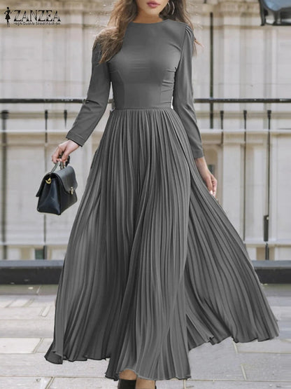 Autumn Pleated Sundress ZANZEA Spring Patchwork Maxi Dresses Women Long Sleeve Party Work Dress Fashion Casual Holiday Robe 2024