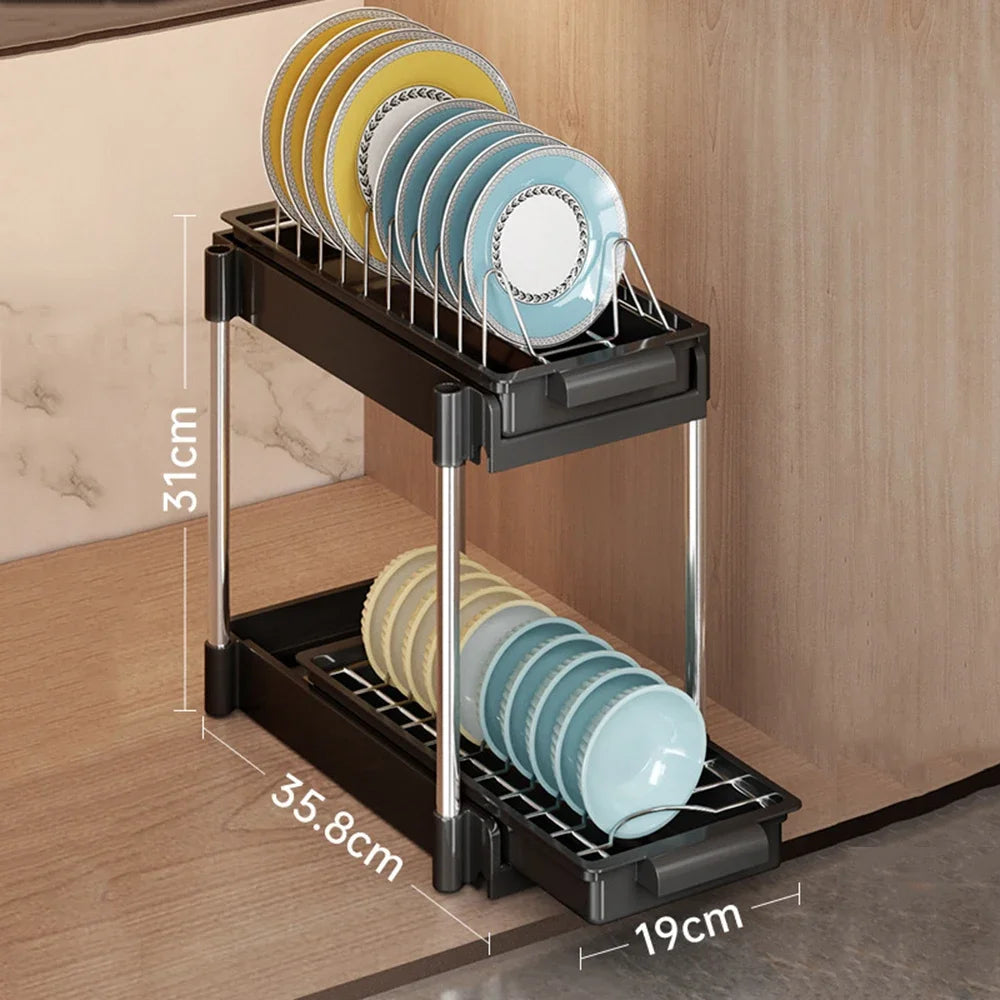 Pull Out Dish Rack Drawer Kitchen Sliding Dish Drainer Organizer Multi-Level Pull Out Storage Sink Cabinet