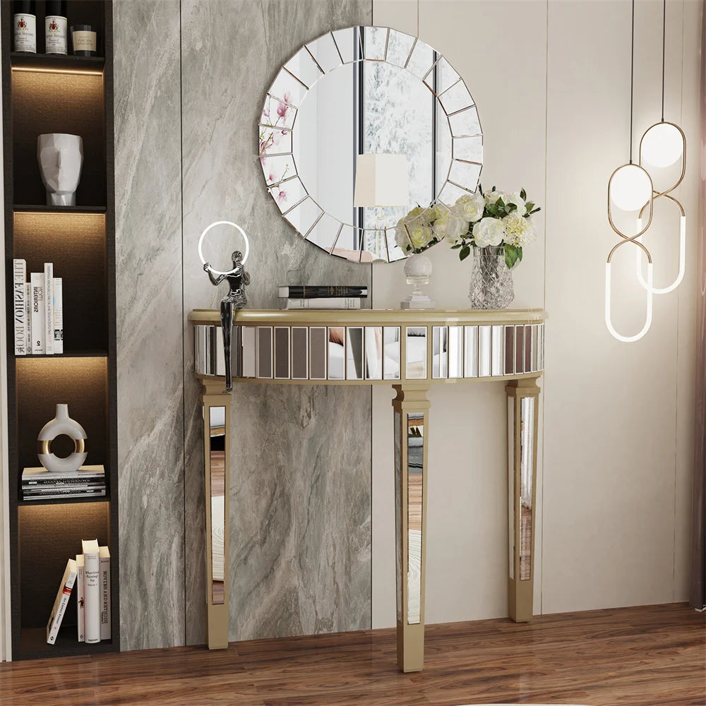 LUVODI Half-Round Mirrored Glass Console Table Modern Silver Curved Entryway Porch Desk for Porch,Living Room,Bedroom
