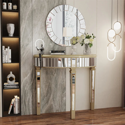 LUVODI Half-Round Mirrored Glass Console Table Modern Silver Curved Entryway Porch Desk for Porch,Living Room,Bedroom
