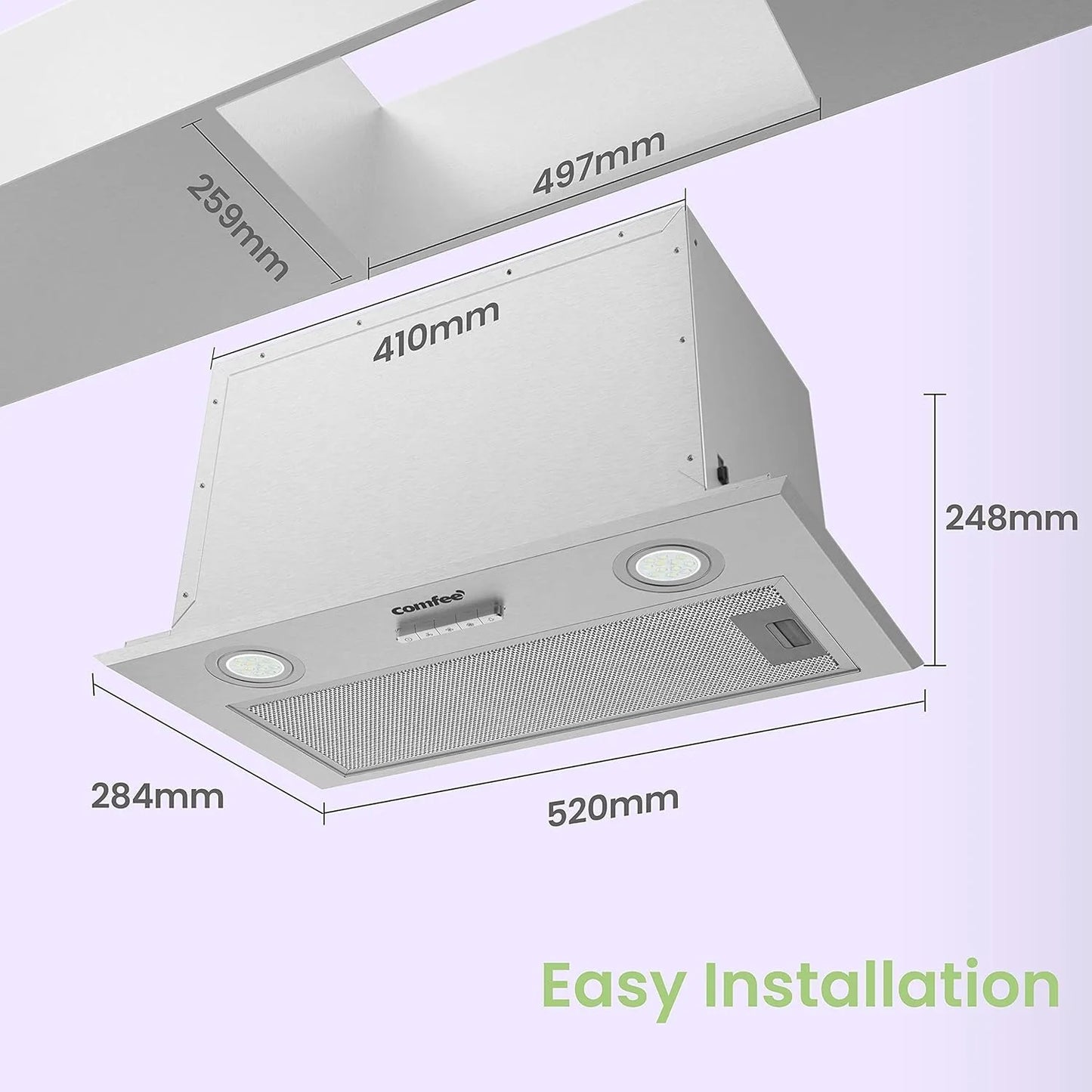 COMFEE Integrated Cooker Hood 52cm with LED Light, 520mm Built-in Extractor Fan Kitchen- Stainless Steel