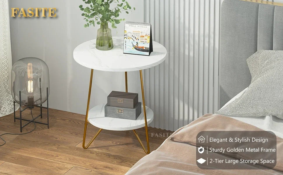 Tribesigns 2 Tier Faux Marble End Table Round Side Table with Shelves Small Coffee Accent Table for Living Room, White and Gold