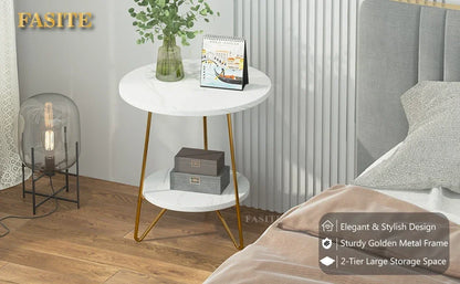 Tribesigns 2 Tier Faux Marble End Table Round Side Table with Shelves Small Coffee Accent Table for Living Room, White and Gold