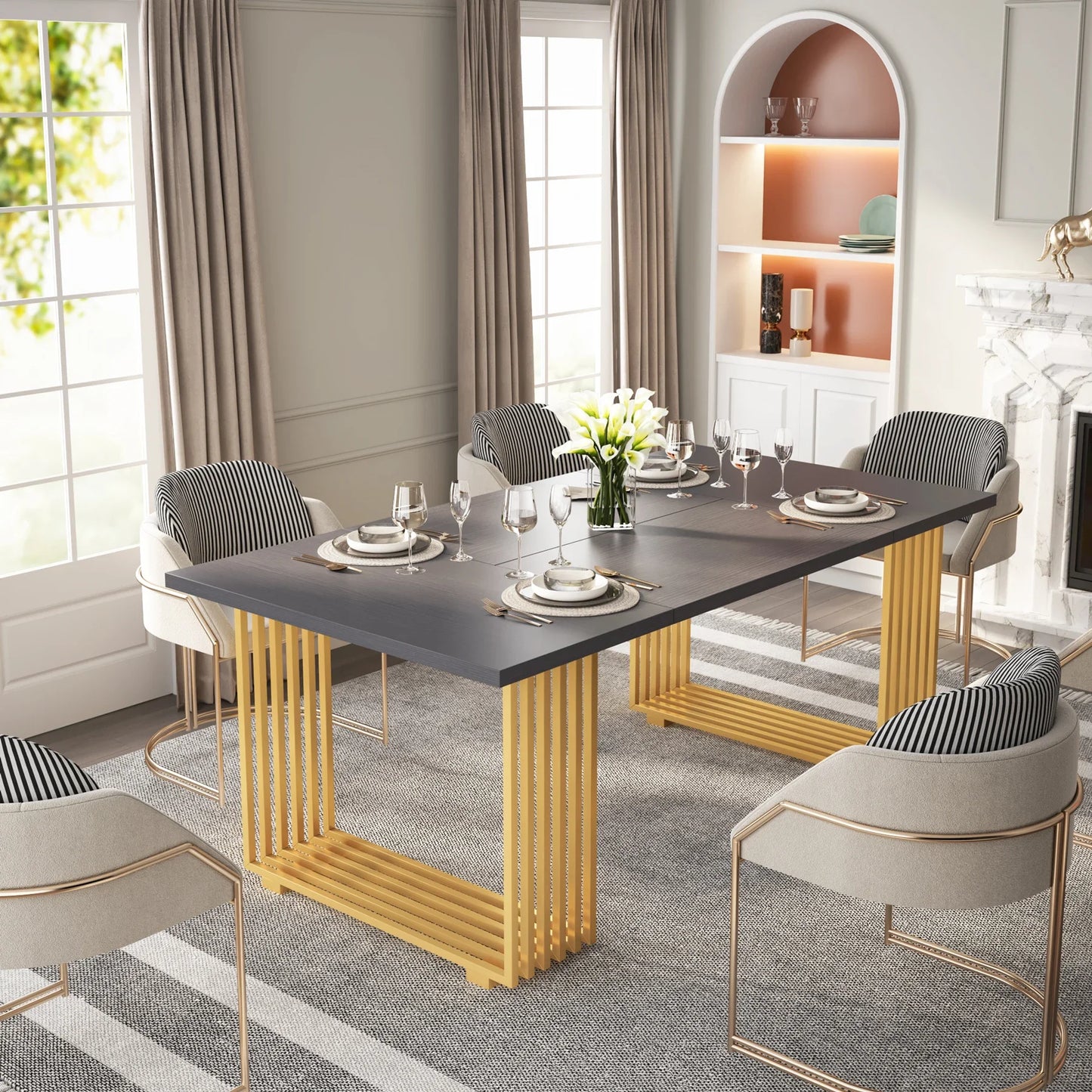 70.9" Modern Executive Desk, Wood Office Desk, Grey Simple Computer Desk with Gold Metal Legs, Large Workstation Busi