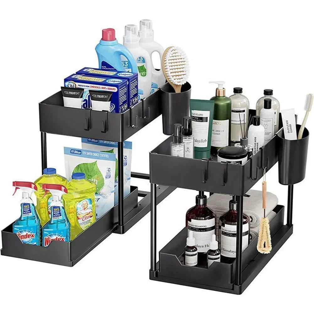 Under Sink Organizer Sliding Cabinet Drawers Storage Kitchen 2 Tiers Racks Multi-Purpose Pull Out Cabinet Storage Shelf Holders