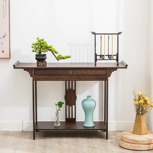 Vintage Rustic Console Table Hall Console Table Luxurious Totem Decor with Pull Drawer & Shelf Living Room Furniture