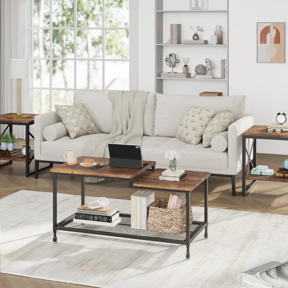 2-Tier Rustic Coffee Table Center Table with Mesh Shelf Rectangle Storage Cocktail Table Metal Frame for Living Room