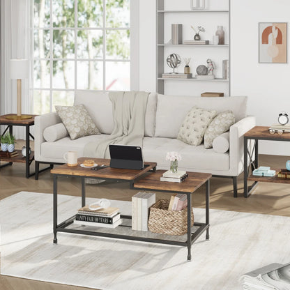 2-Tier Rustic Coffee Table Center Table with Mesh Shelf Rectangle Storage Cocktail Table Metal Frame for Living Room