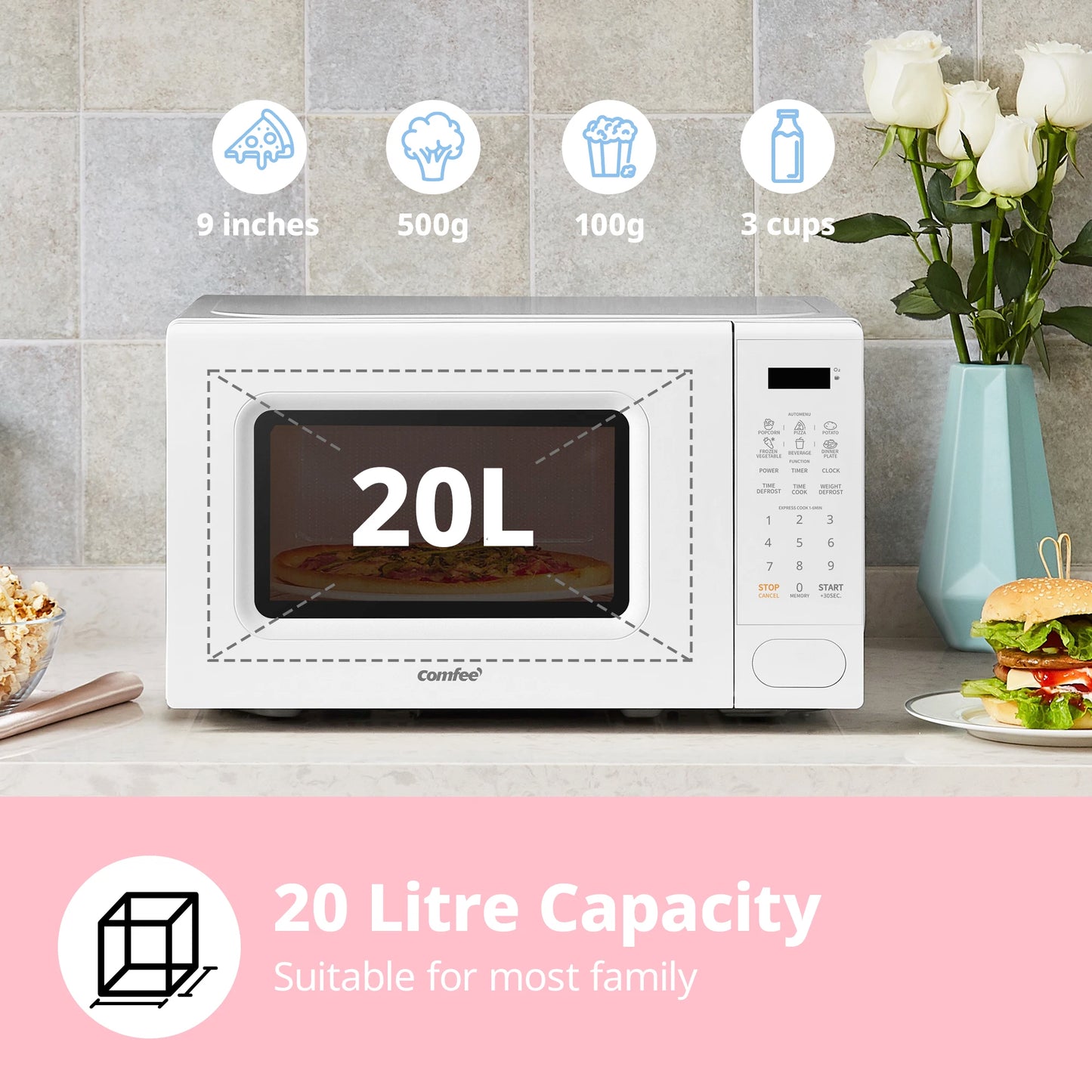 COMFEE 700w 20 Litre Digital Microwave Oven with 6 Cooking Presets, Express Cook, 11 Power Levels, Defrost, and Memory Function