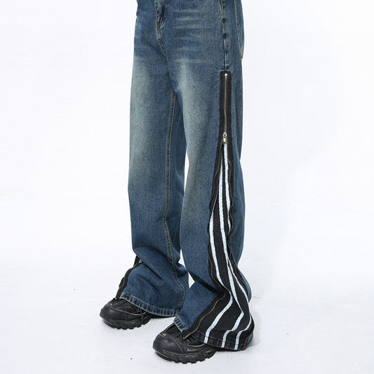 American Style Retro Patchwork Zipper Design Sense Denim Fashionable Trousers