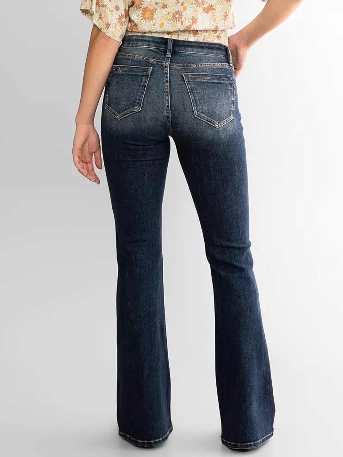 Ladies Mid Waist Slim Fit Stretch Retro Flared Jeans