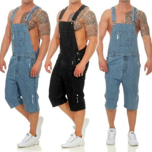 Retro Men's Denim With Hole Suspenders Pants