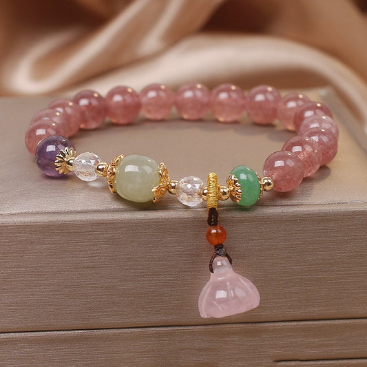 Natural Strawberry Quartz Lotus Seedpod Pendant Bracelet