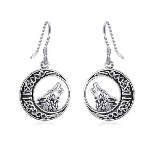 Wolf Celtic Moon Dangle Drop Earrings in Sterling Silver