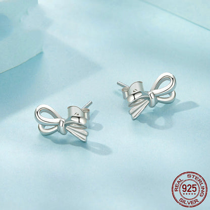 Simple Silver Girl Heart Bow Stud Earrings Women's S925 Sterling Silver