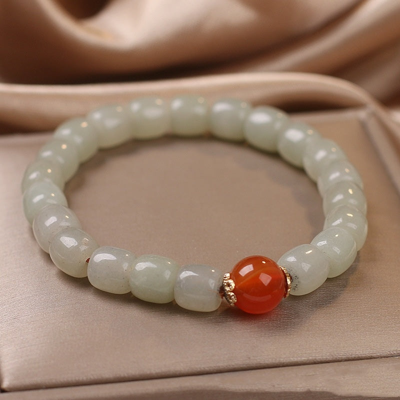 Ethnic Style Lucky Natural Hetian Jade Barrel Shaped Bead Bracelet