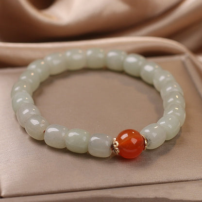 Ethnic Style Lucky Natural Hetian Jade Barrel Shaped Bead Bracelet