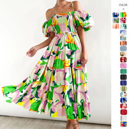 Women's Bubble Sleeve Vacation High Waist Off-shoulder Printing Dress