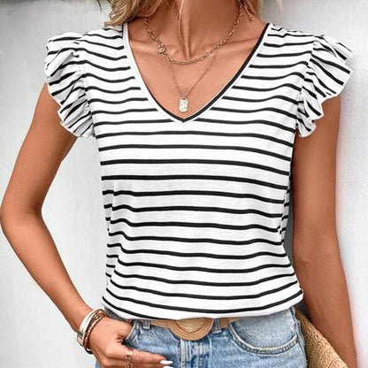 Summer Women's Striped Top Fashion V-neck T-shirt