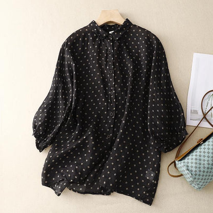 National Style Literary Style Lightweight And Slightly Transparent Polka-dot Loose-fitting Linen Shirt