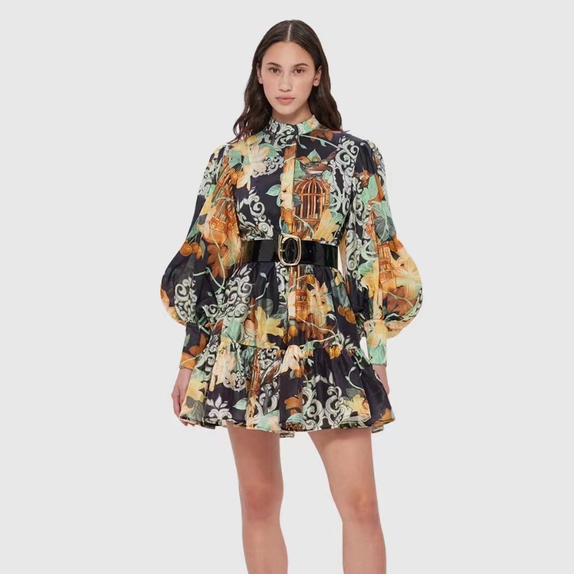 Australian Niche Vintage Printing Stand-up Collar Puff Sleeve Dress