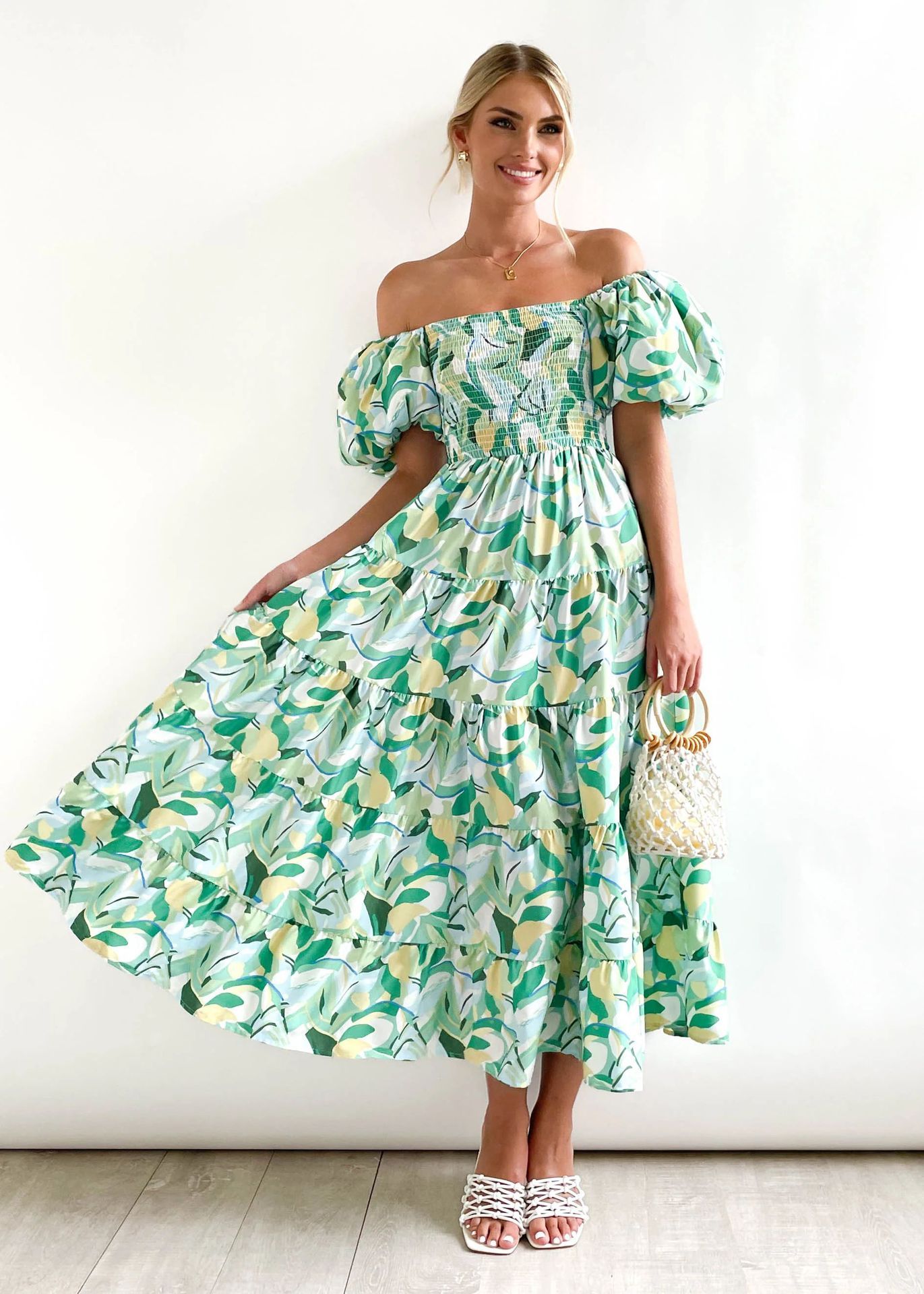 Women's Bubble Sleeve Vacation High Waist Off-shoulder Printing Dress