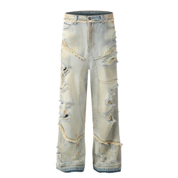 Washed Loose Wide Leg Large Hole Profile Tooling Ribbon Logging Jeans