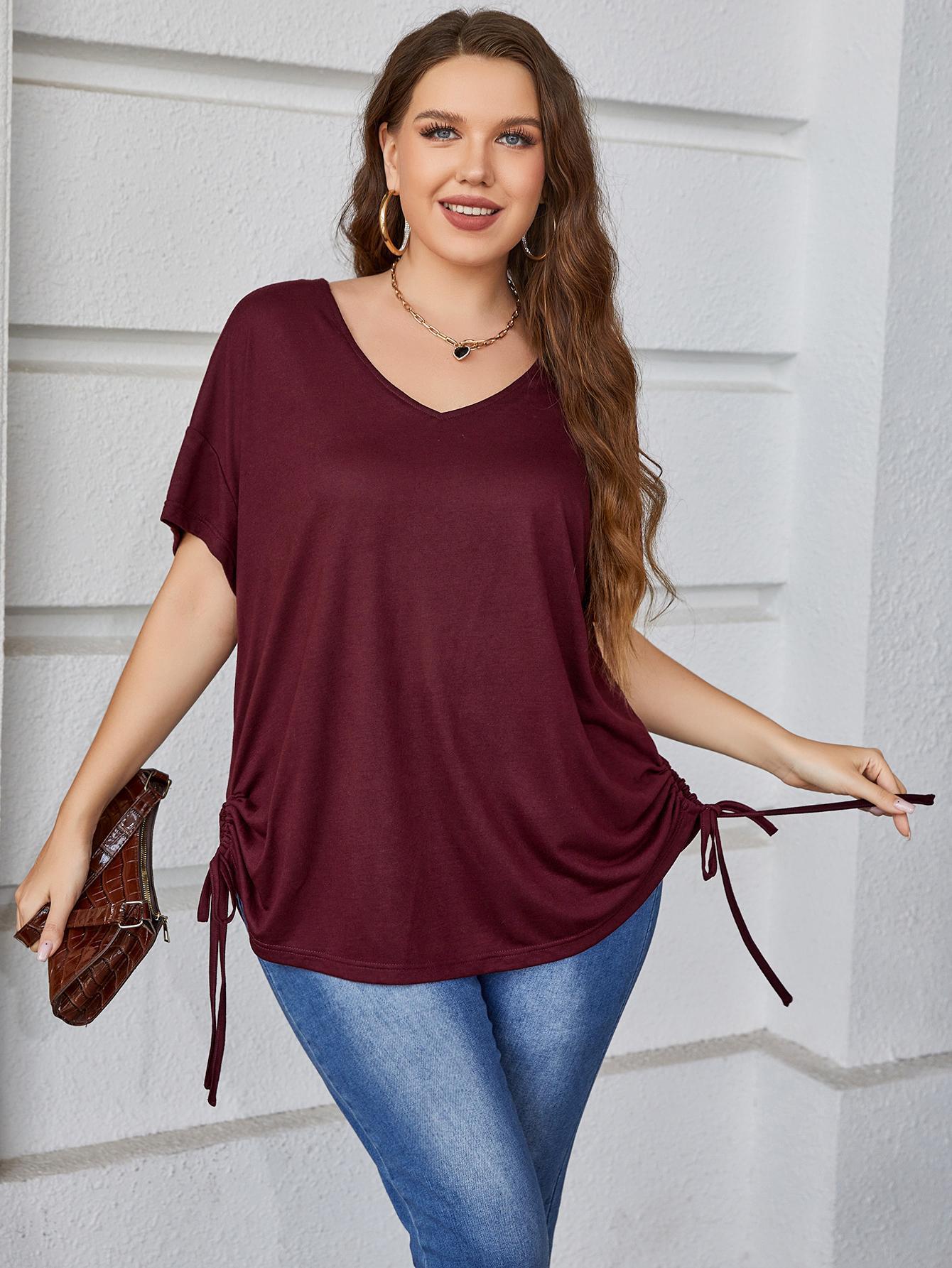 Plus Size Short-sleeved Top Women's Summer Solid Color Loose V-neck T-shirt Plump Girls