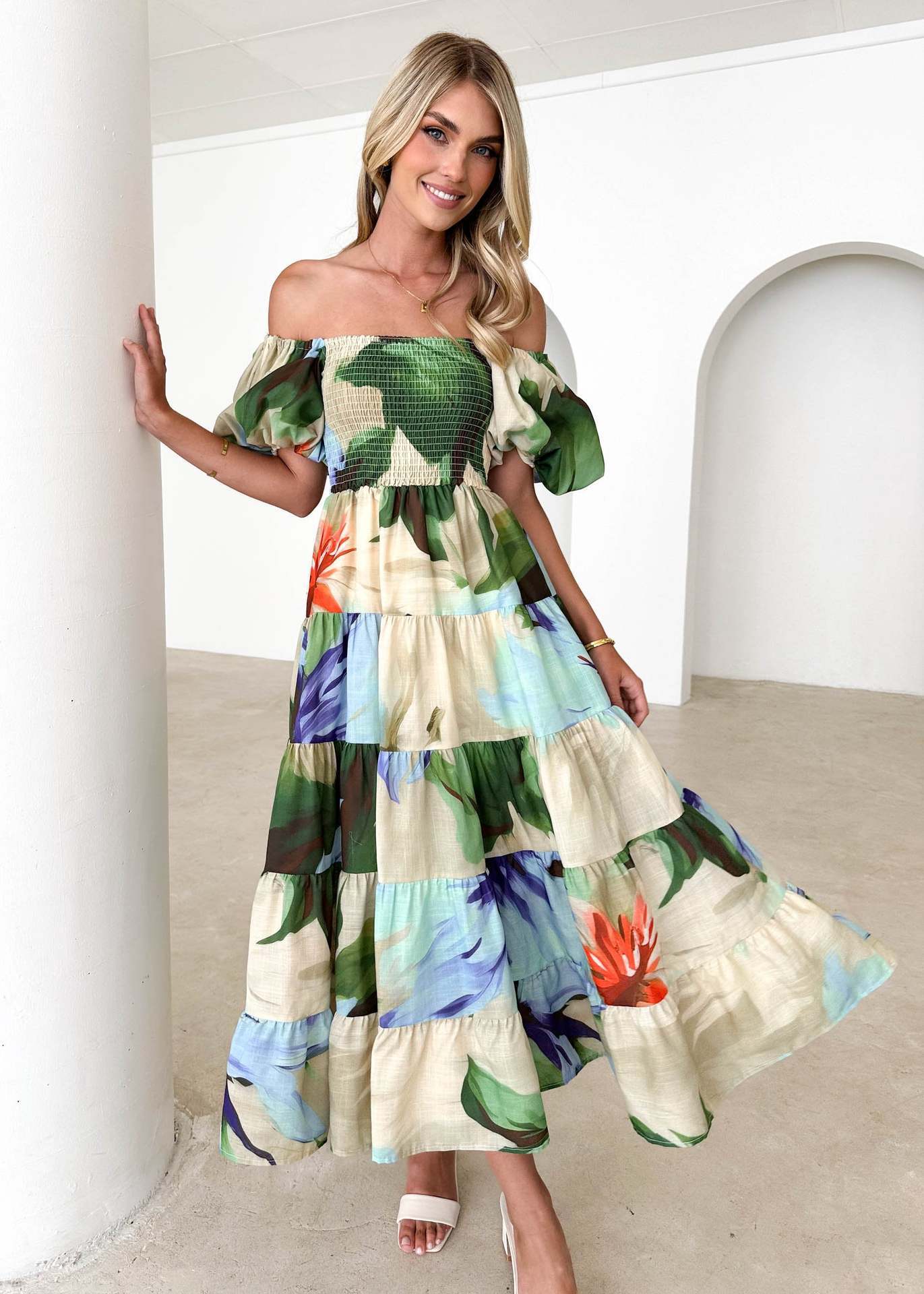 Women's Bubble Sleeve Vacation High Waist Off-shoulder Printing Dress