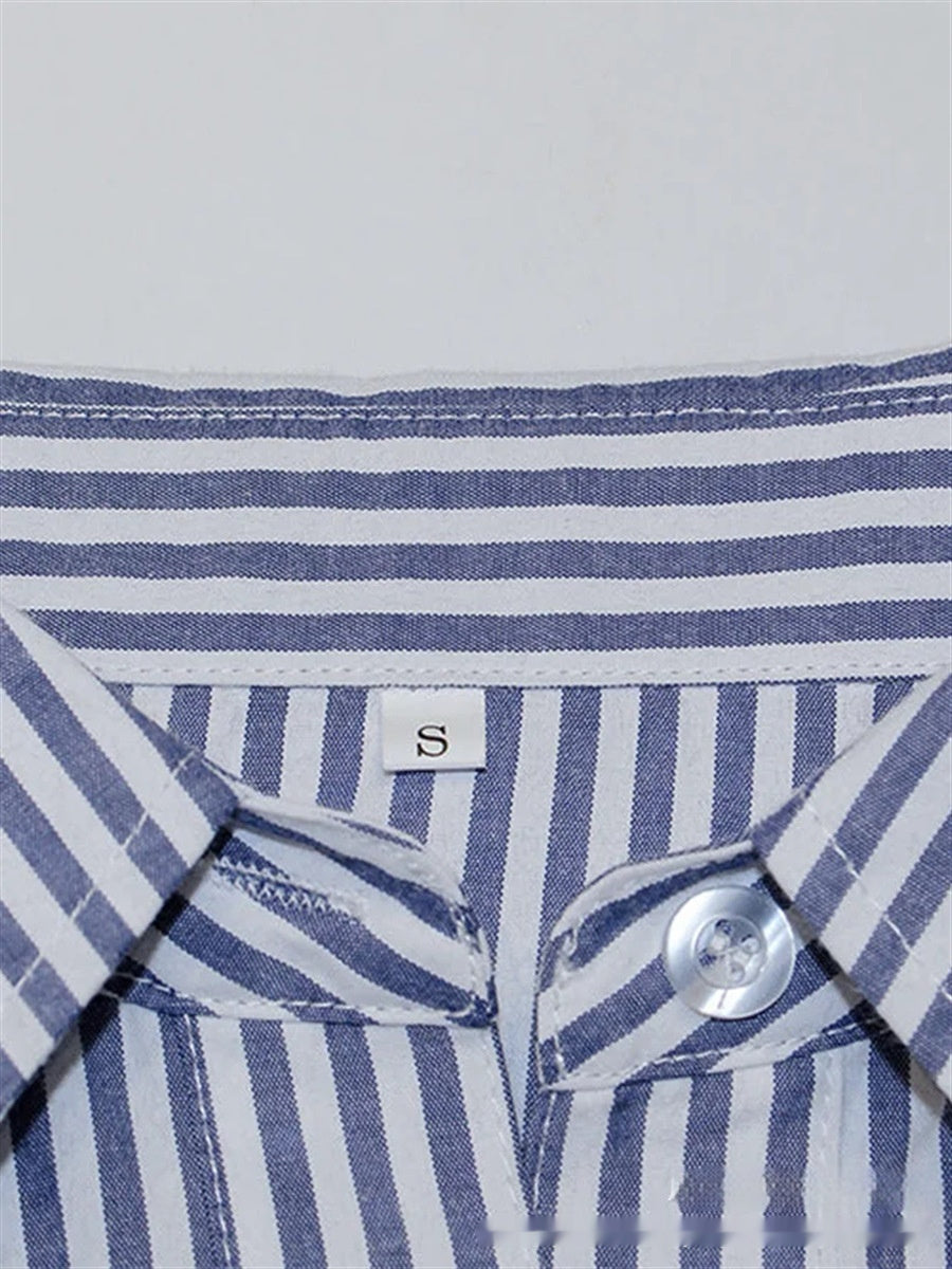 Cotton Polyester Striped Single-breasted Long Sleeve Shirt